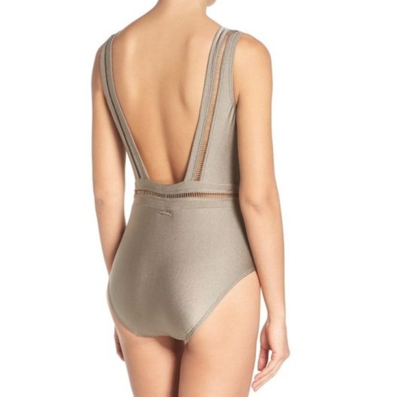 NWT Ted Baker Pointelle Deep V Plunge One Piece Swimsuit Khaki Green 8 - Picture 3 of 12